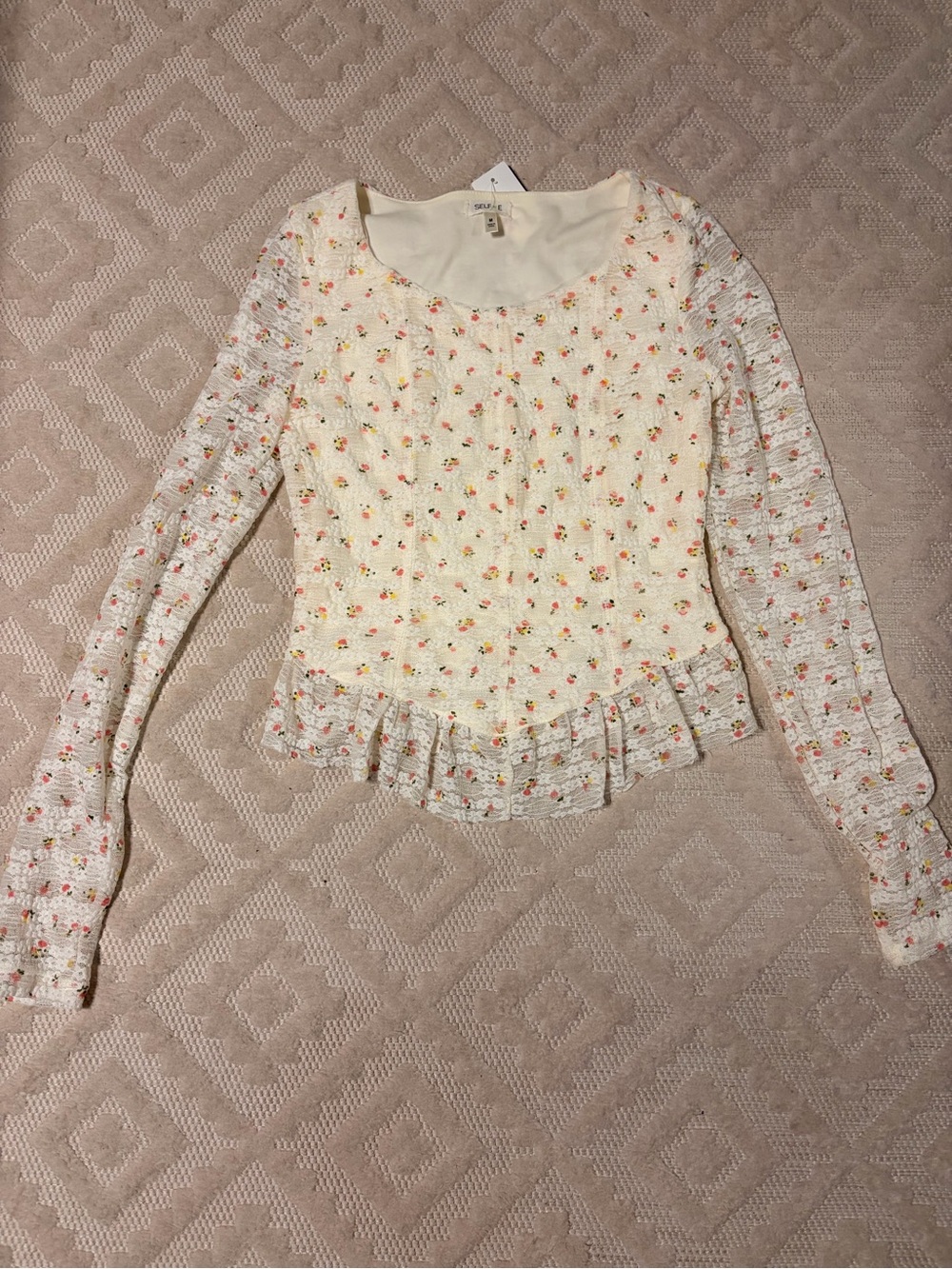 Women’s Cream Floral Long-Sleeve Peplum Top